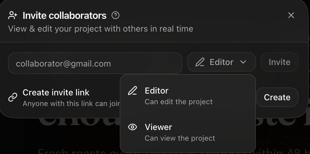 The role picker in the Rork invite dialog showing Editor, can edit the project, and Viewer, can view the project