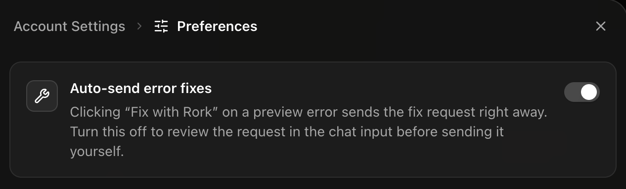 The Preferences panel in Rork account settings showing the Auto-send error fixes toggle switched on
