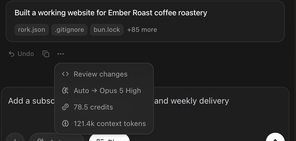 The message details menu in Rork showing Review changes, Auto to Opus 5 High, 78.5 credits, and 121.4k context tokens