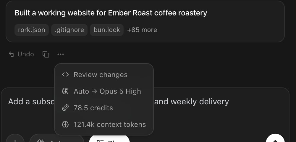 The message details menu in Rork showing Review changes, Auto to Opus 5 High, 78.5 credits, and 121.4k context tokens