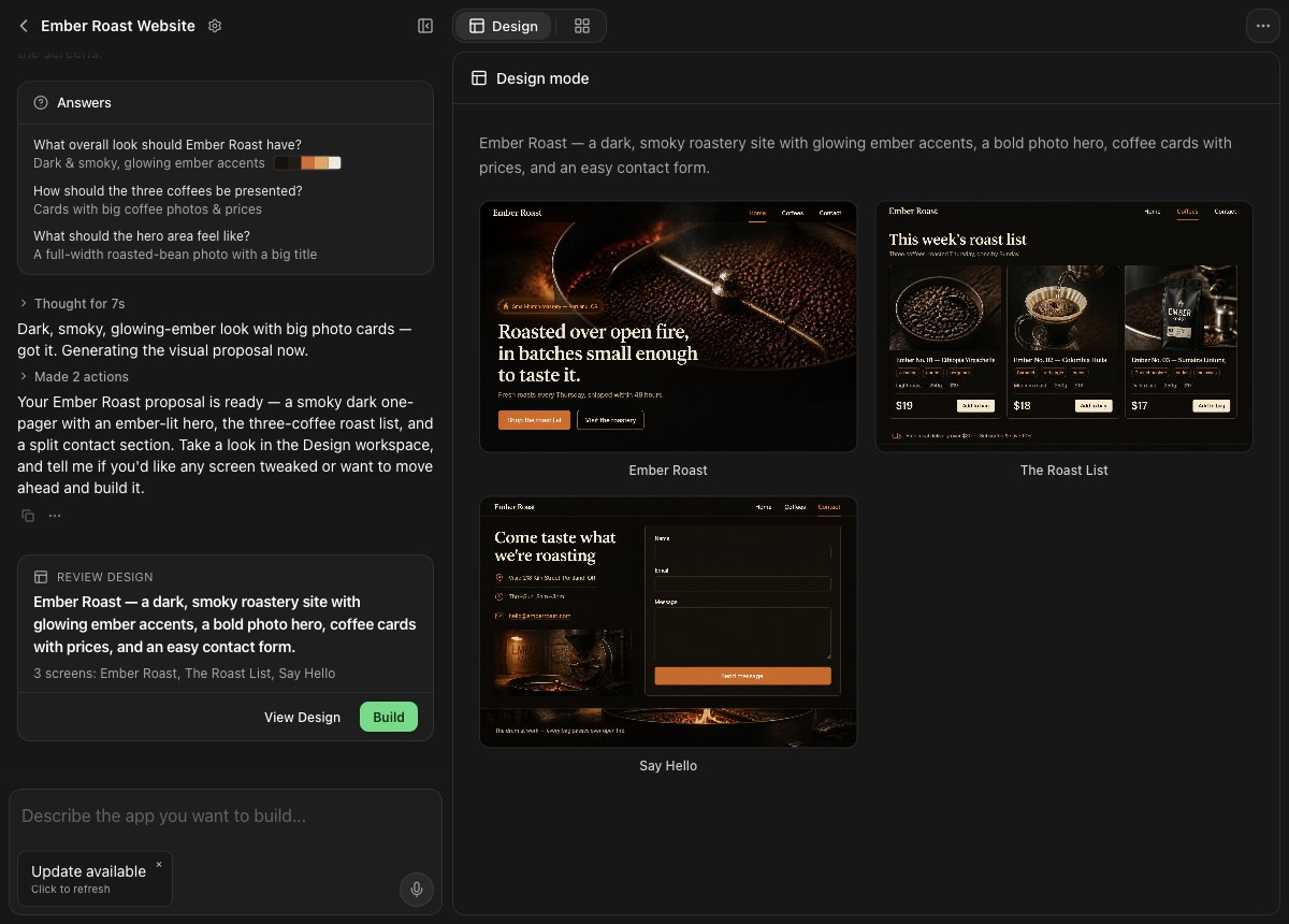 Design mode showing three proposed screens for Ember Roast and a Review design card with View Design and Build buttons