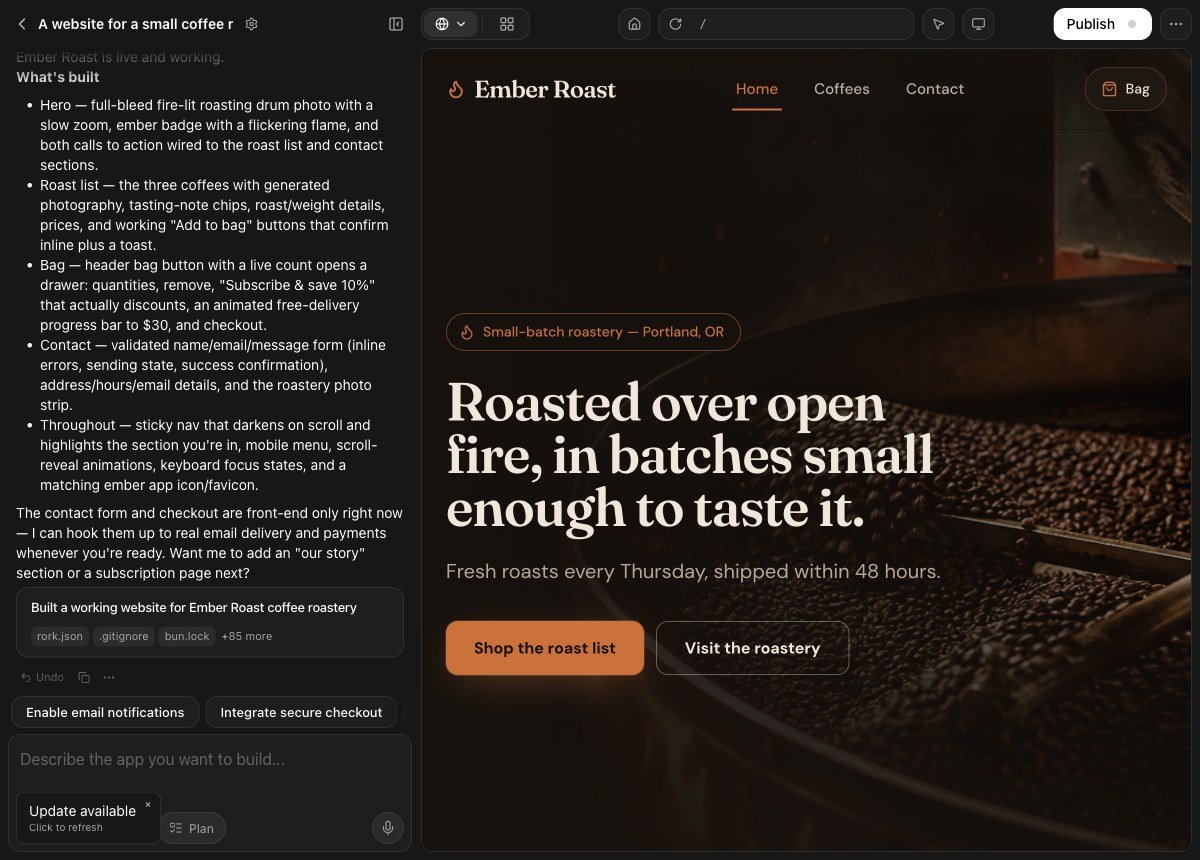 A Rork web project: the chat on the left and the finished Ember Roast website in the live preview on the right