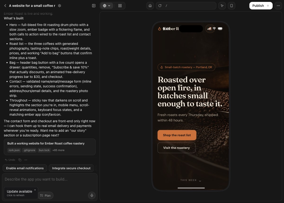 The Ember Roast site in the Phone preview size, drawn inside a phone frame next to the chat