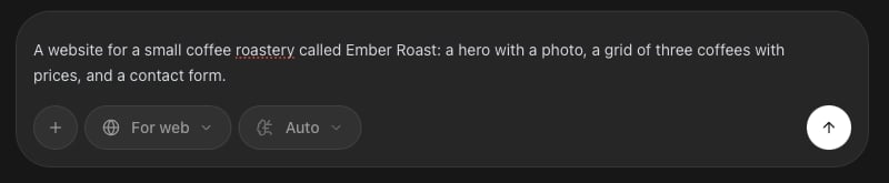 The Rork prompt box with a coffee roastery prompt typed in and the platform set to For web