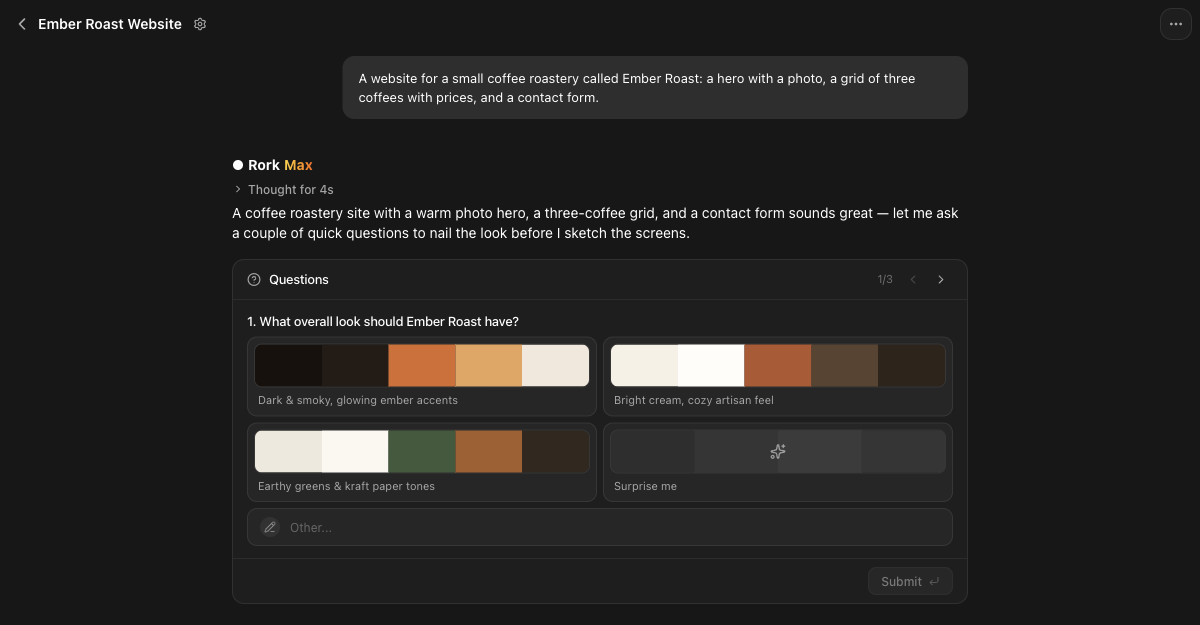 Rork asking what overall look the site should have, with four palette options to choose from