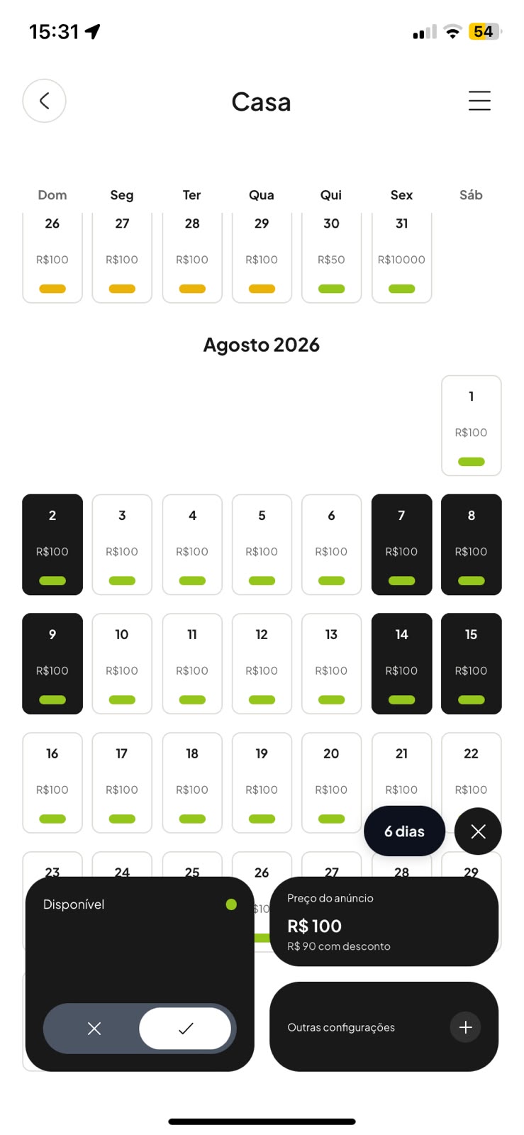 Calendário no app com dias selecionados e o cartão Disponibilidade aberto, mostrando Bloquear e Liberar