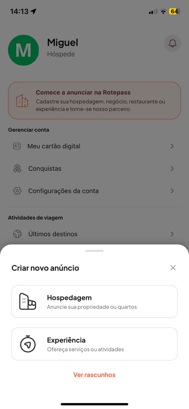 Tela de criação de conta de anfitrião no app