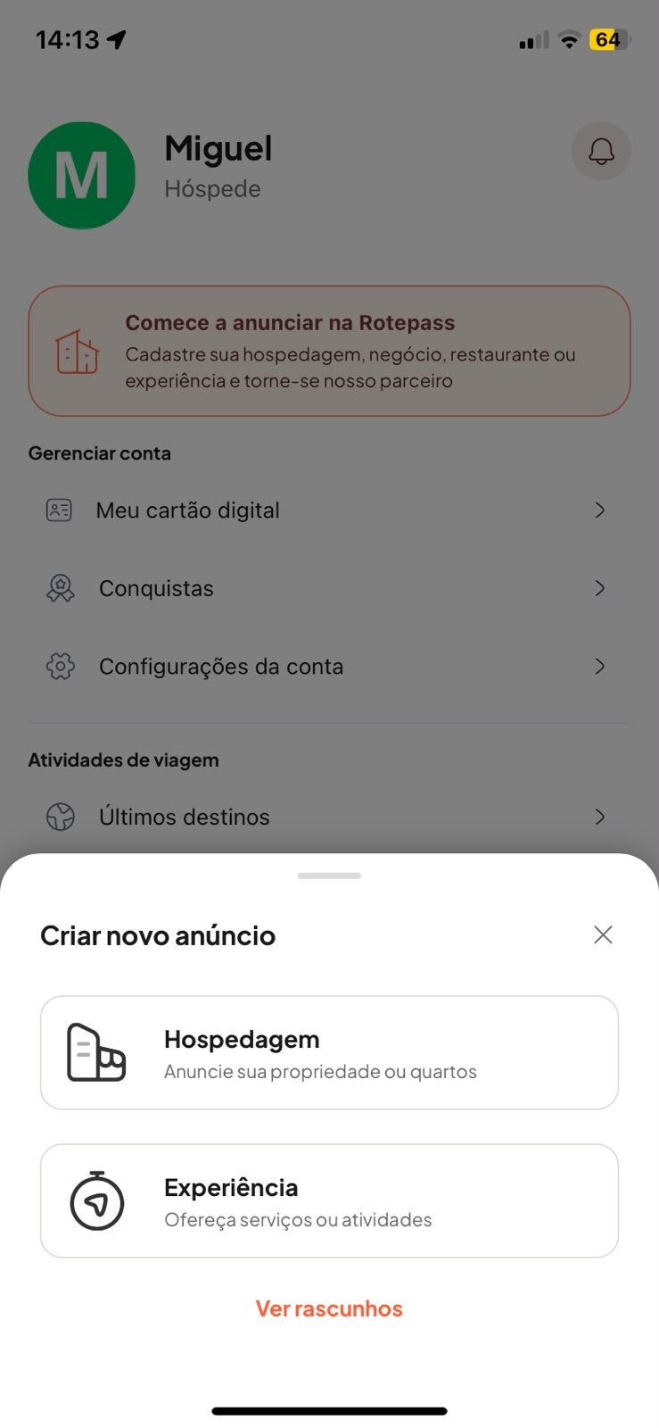 Tela de criação de conta de anfitrião no app