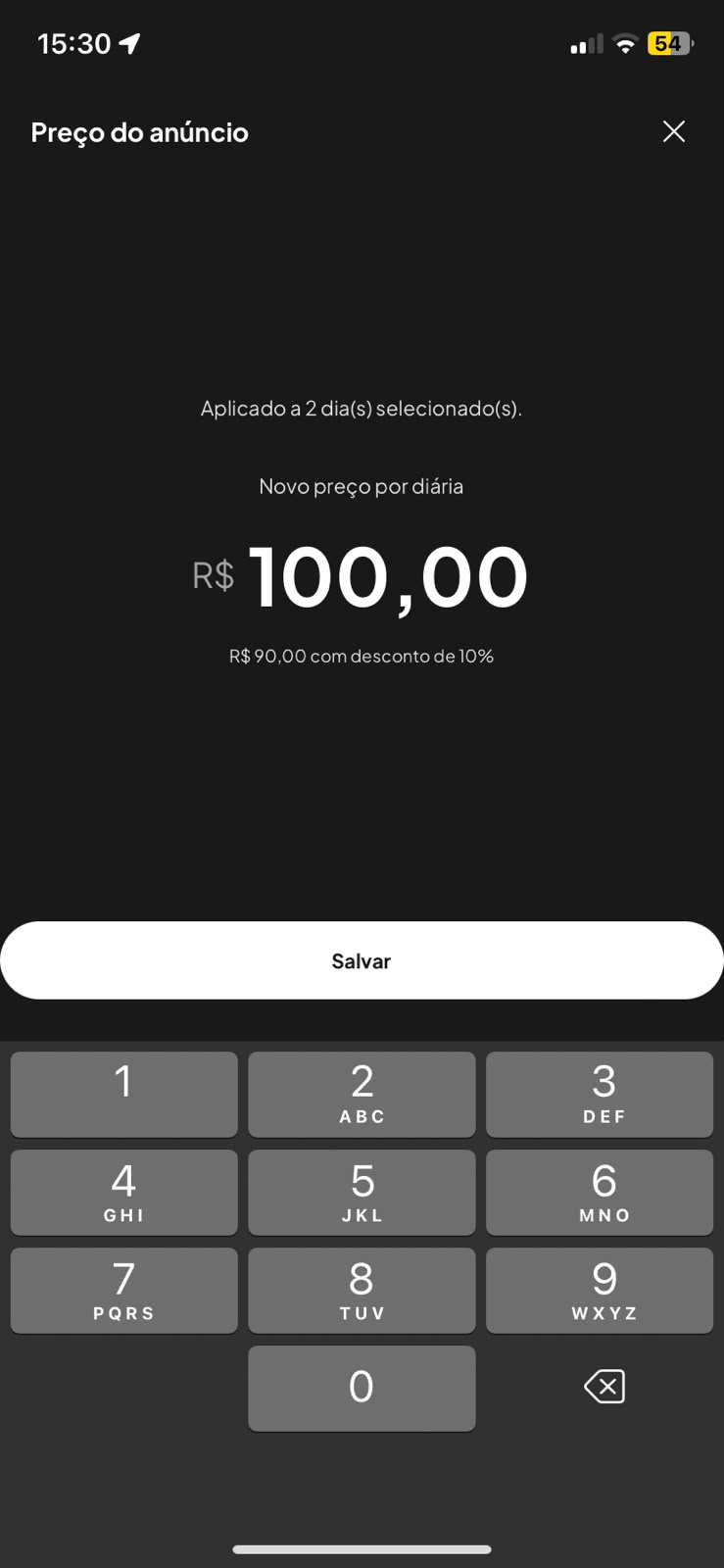 Cartão Preço aberto no app, com o campo de valor e a contagem de dias selecionados