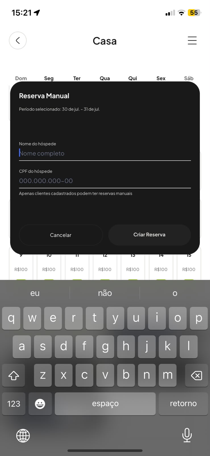 Painel Outras configurações no app com a reserva manual aberta, mostrando o campo de CPF e o aviso Cliente encontrado