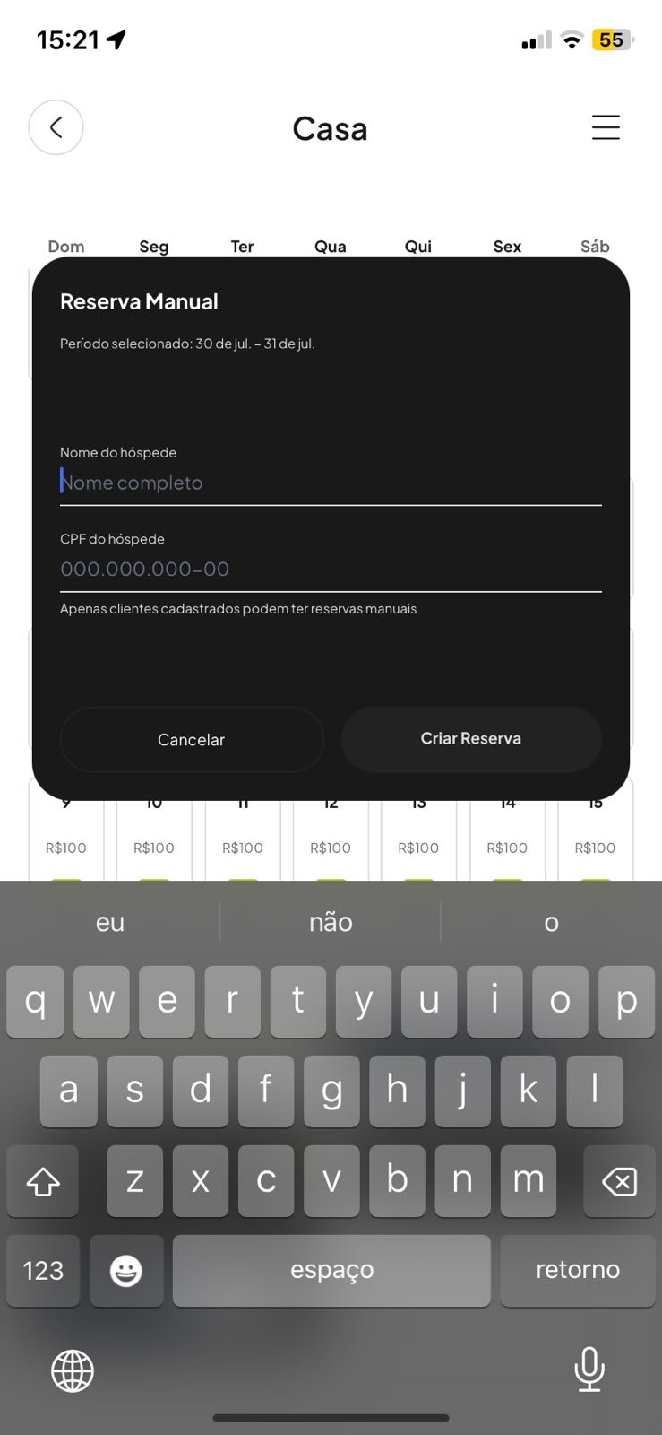 Painel Outras configurações no app com a reserva manual aberta, mostrando o campo de CPF e o aviso Cliente encontrado