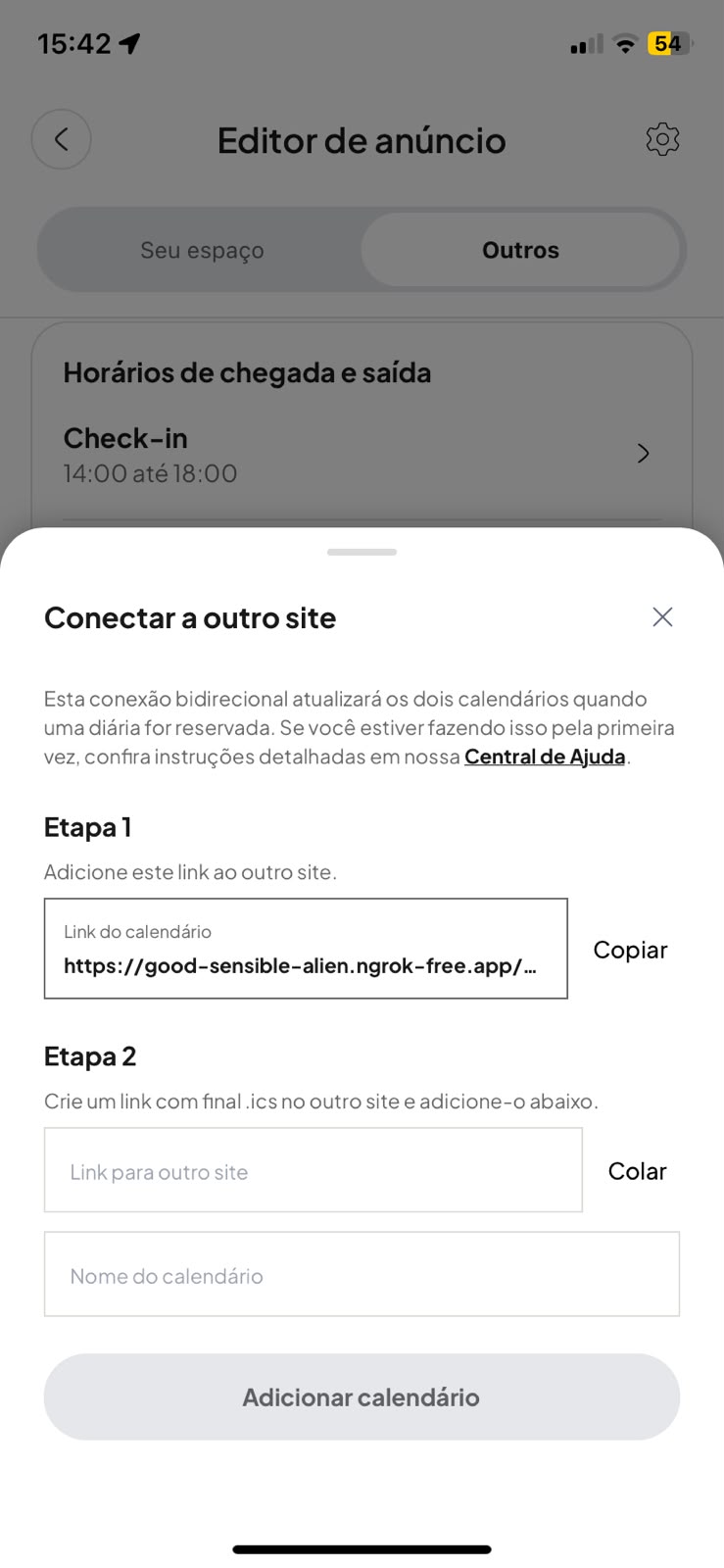 Tela de conexão de calendários no app, com o link de exportação e o campo para colar o link de outro site