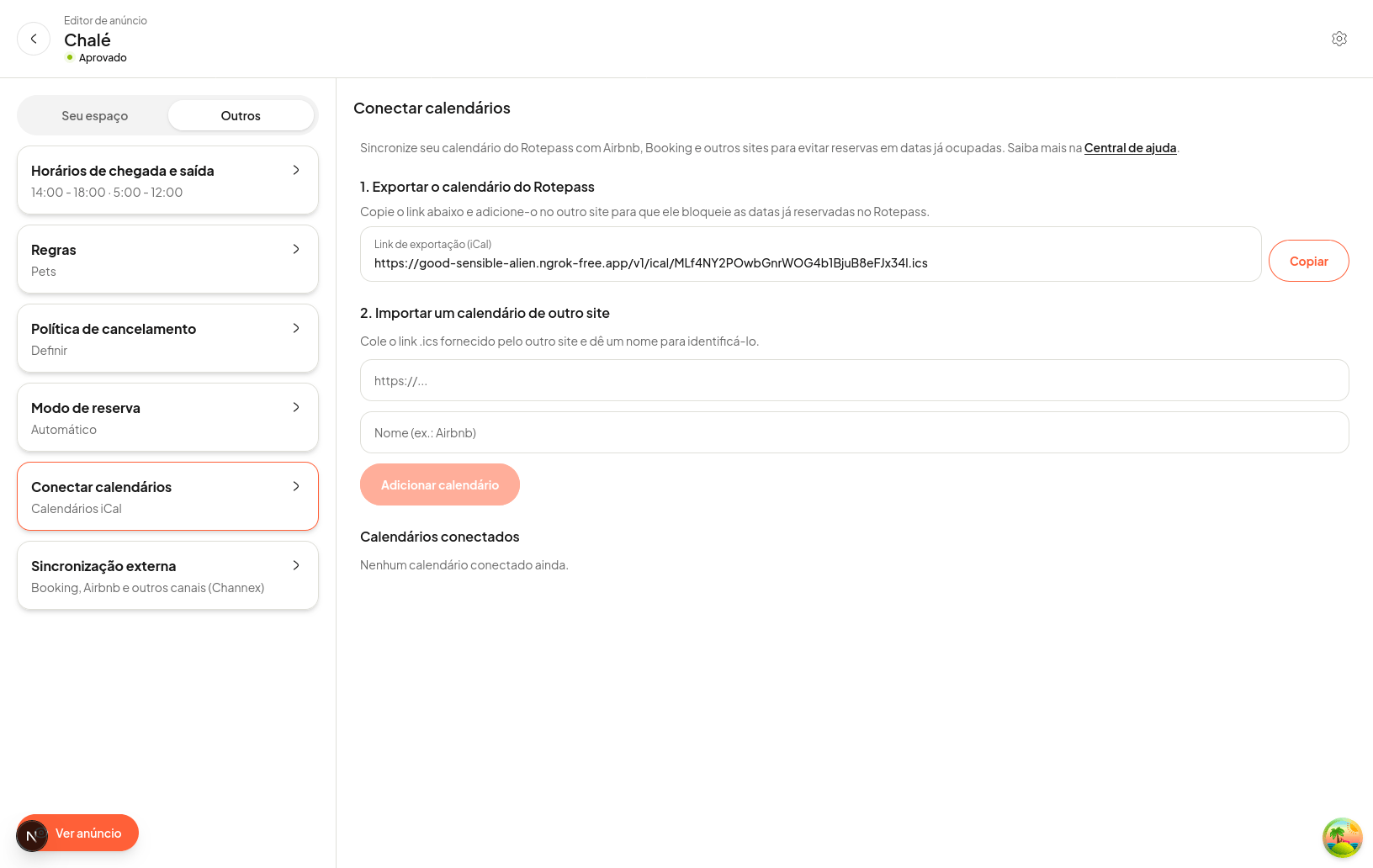 Aba Outros com as duas etapas da sincronização: exportar o calendário da Rotepass e importar o link de outro site