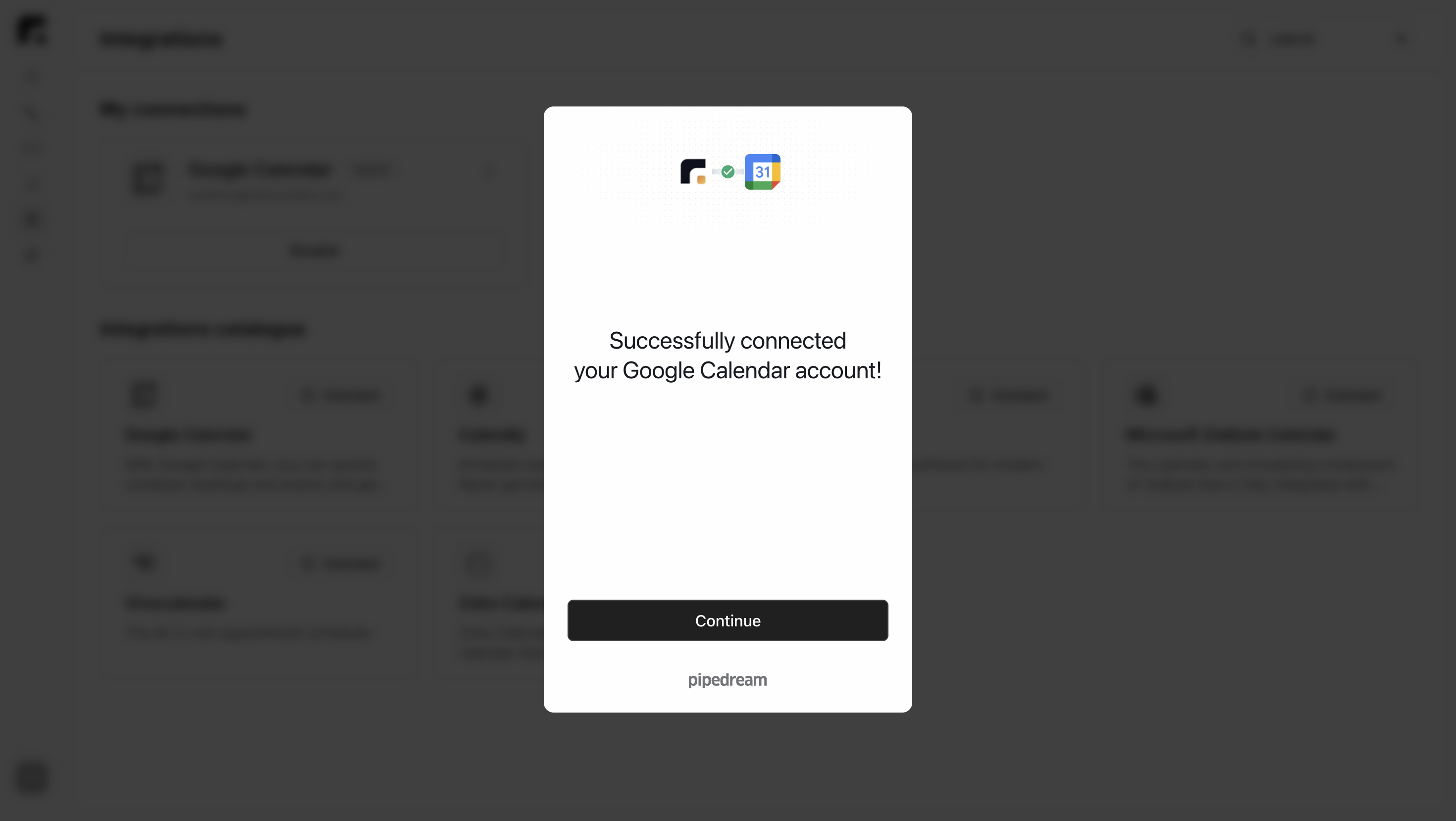 Pipedream authorisation popup window