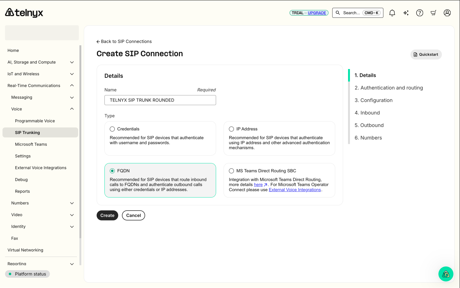Telnyx Create Connection Details