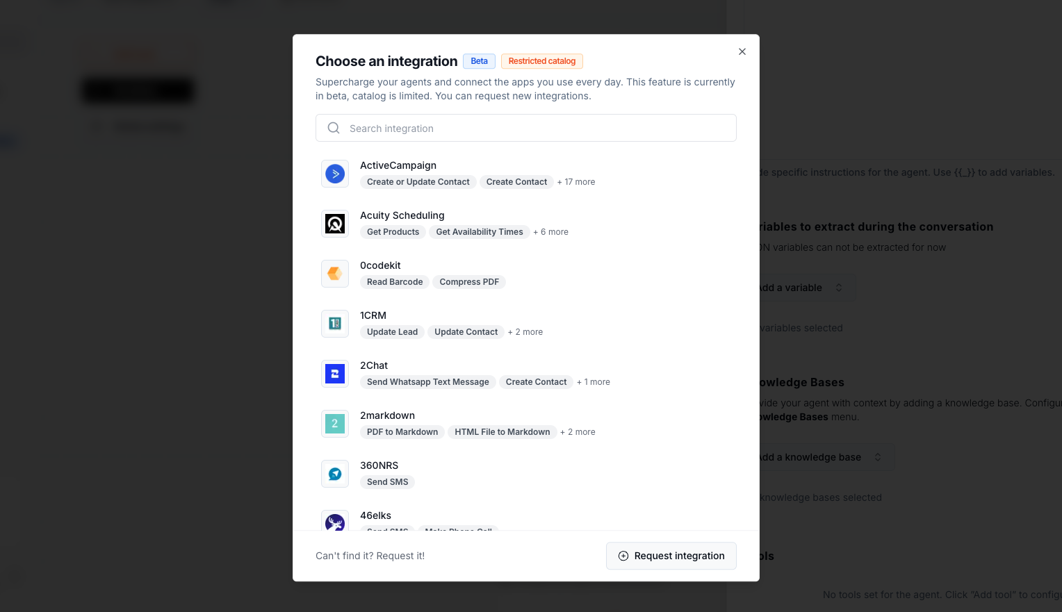 Integrations Catalog modal