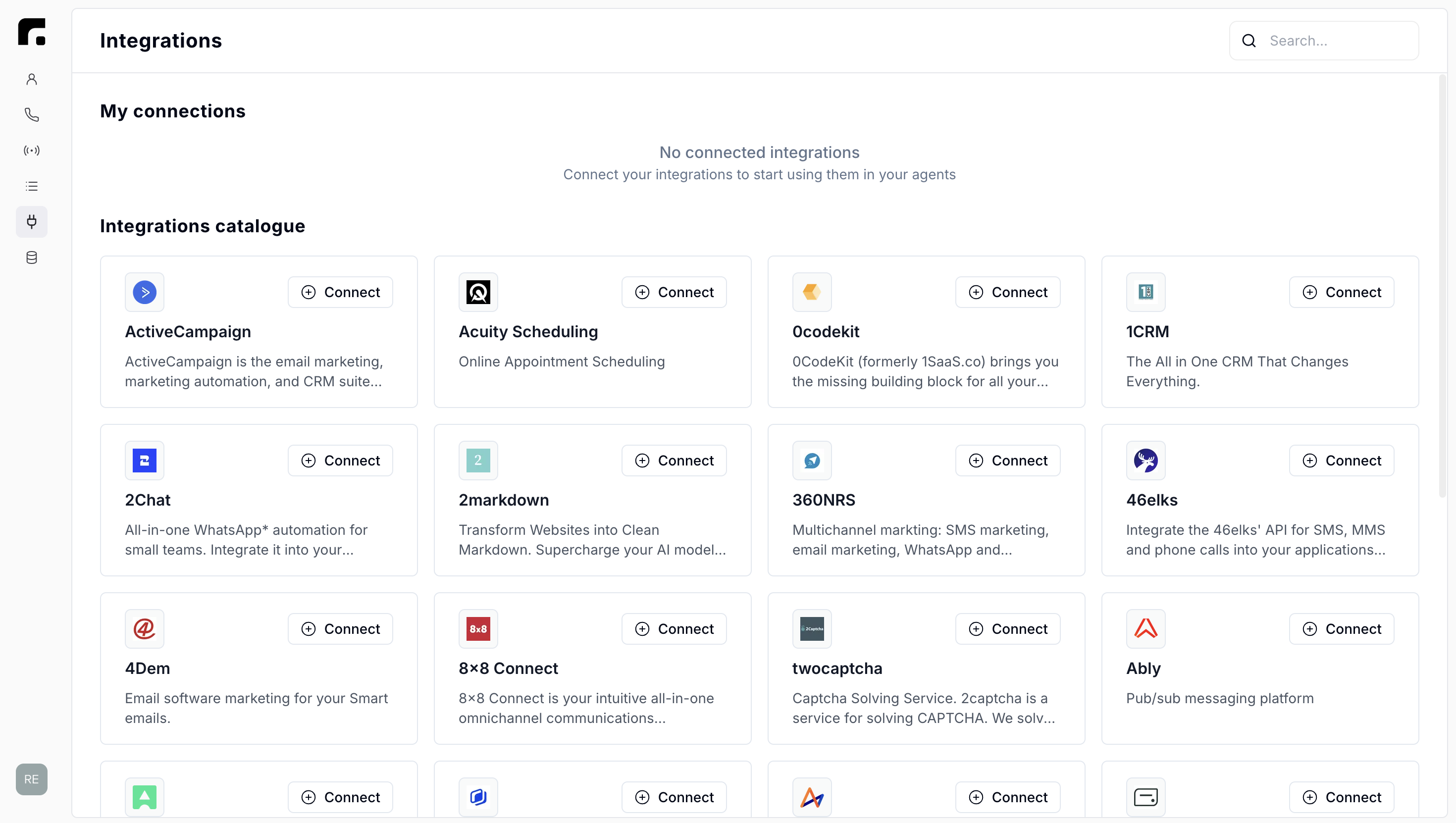 Integrations menu showing available applications