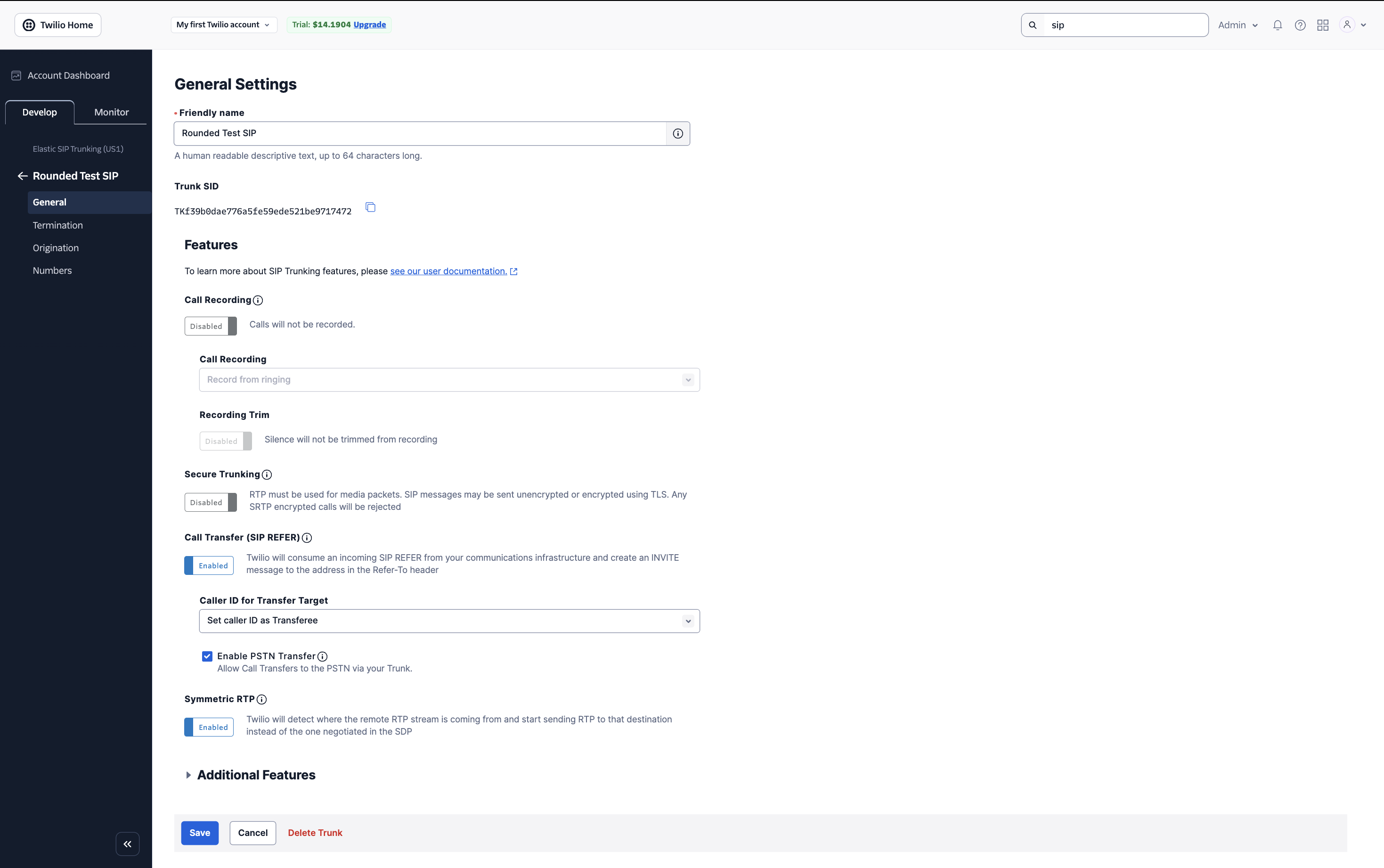 Twilio General Settings