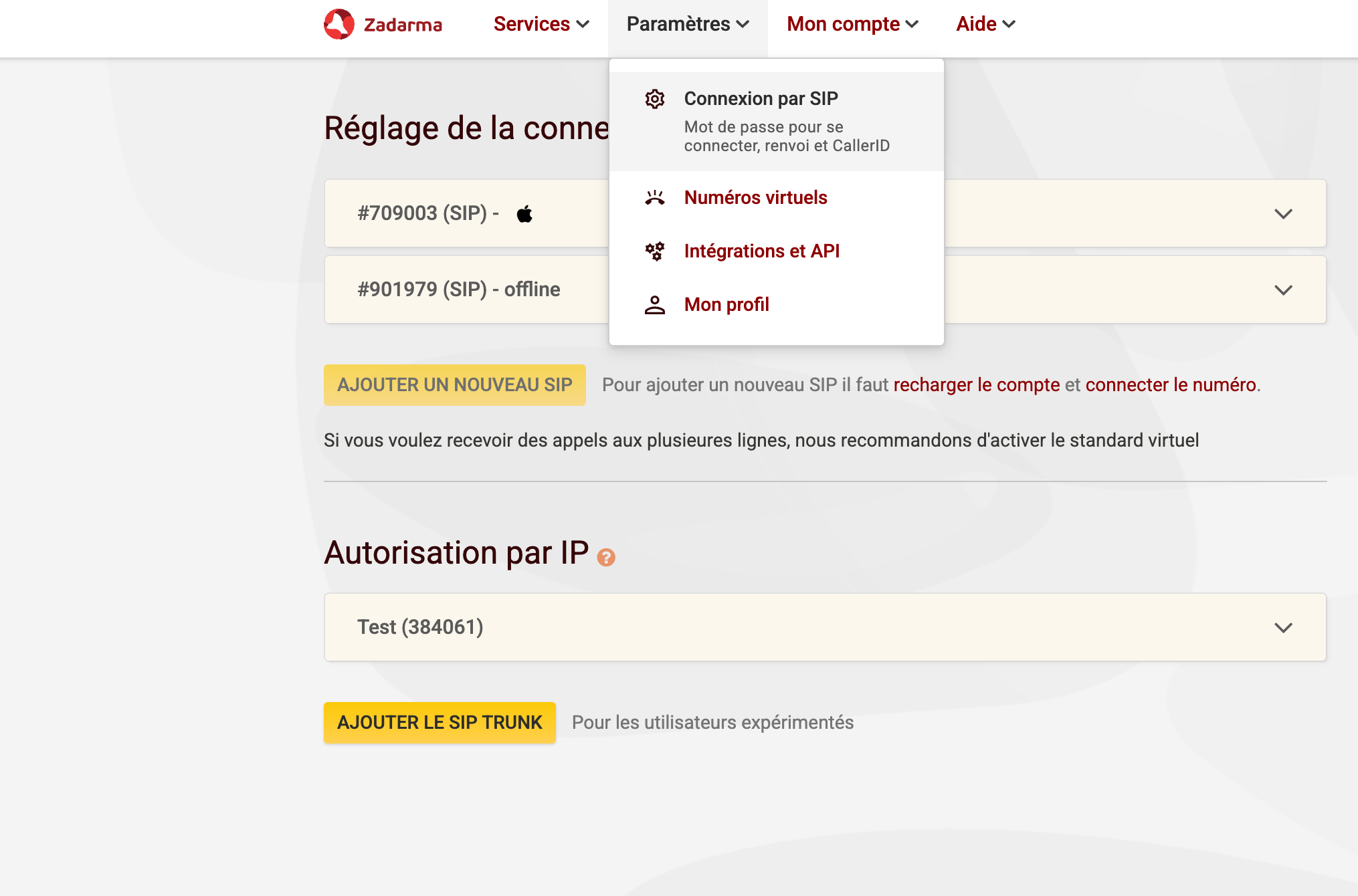 Zadarma SIP Connection Interface