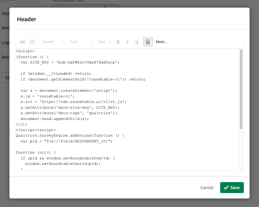 Roundtable script pasted into the Qualtrics Look and Feel header