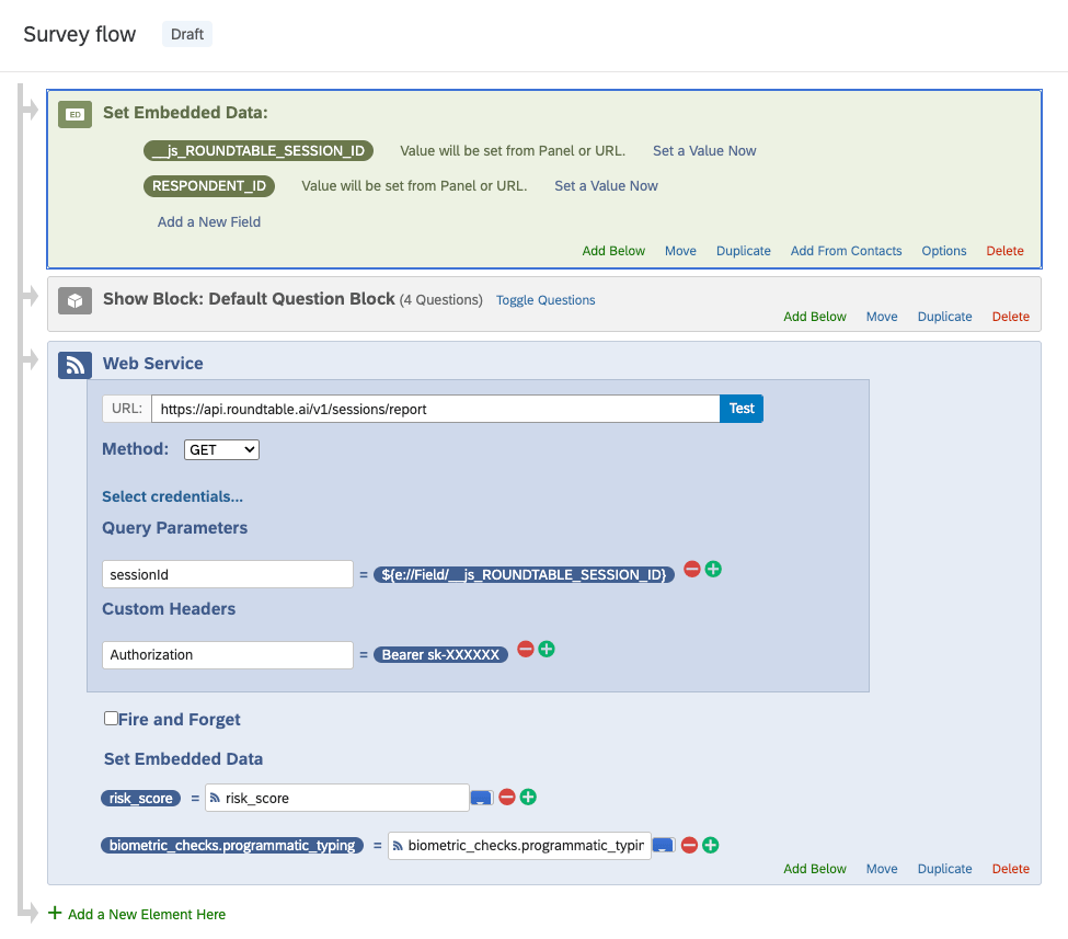 Qualtrics Survey Flow with the embedded data field and Web Service element