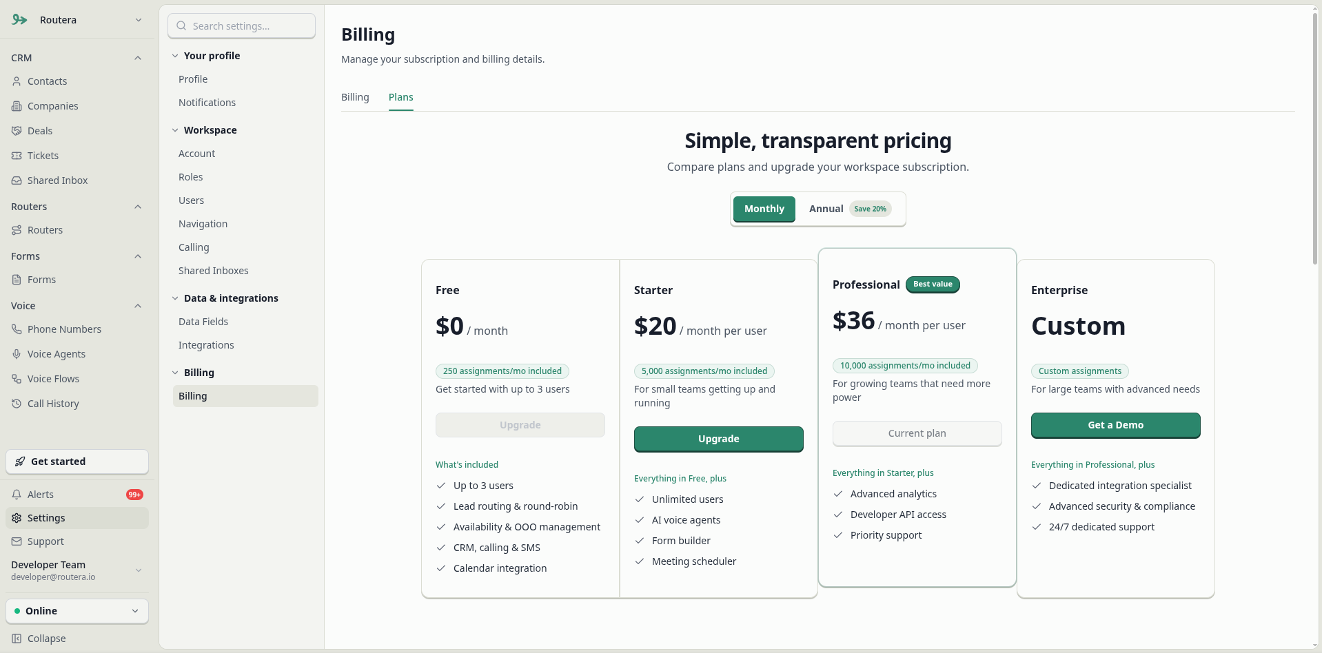 Plans tab with monthly and annual billing and plan cards