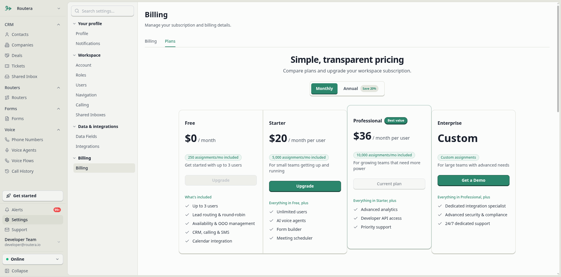 Plans tab with monthly and annual billing and plan cards