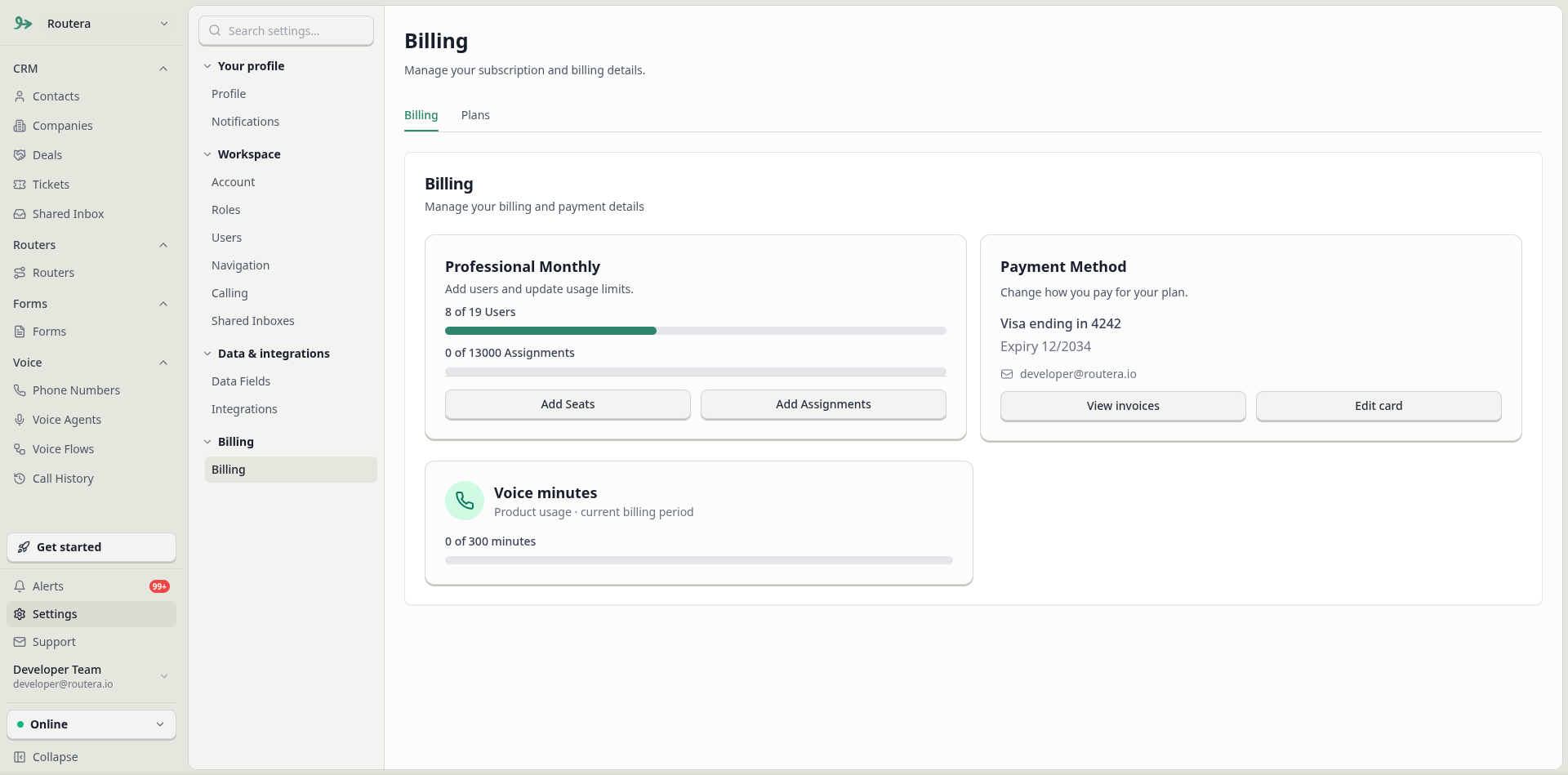 Billing tab with Payment Method card