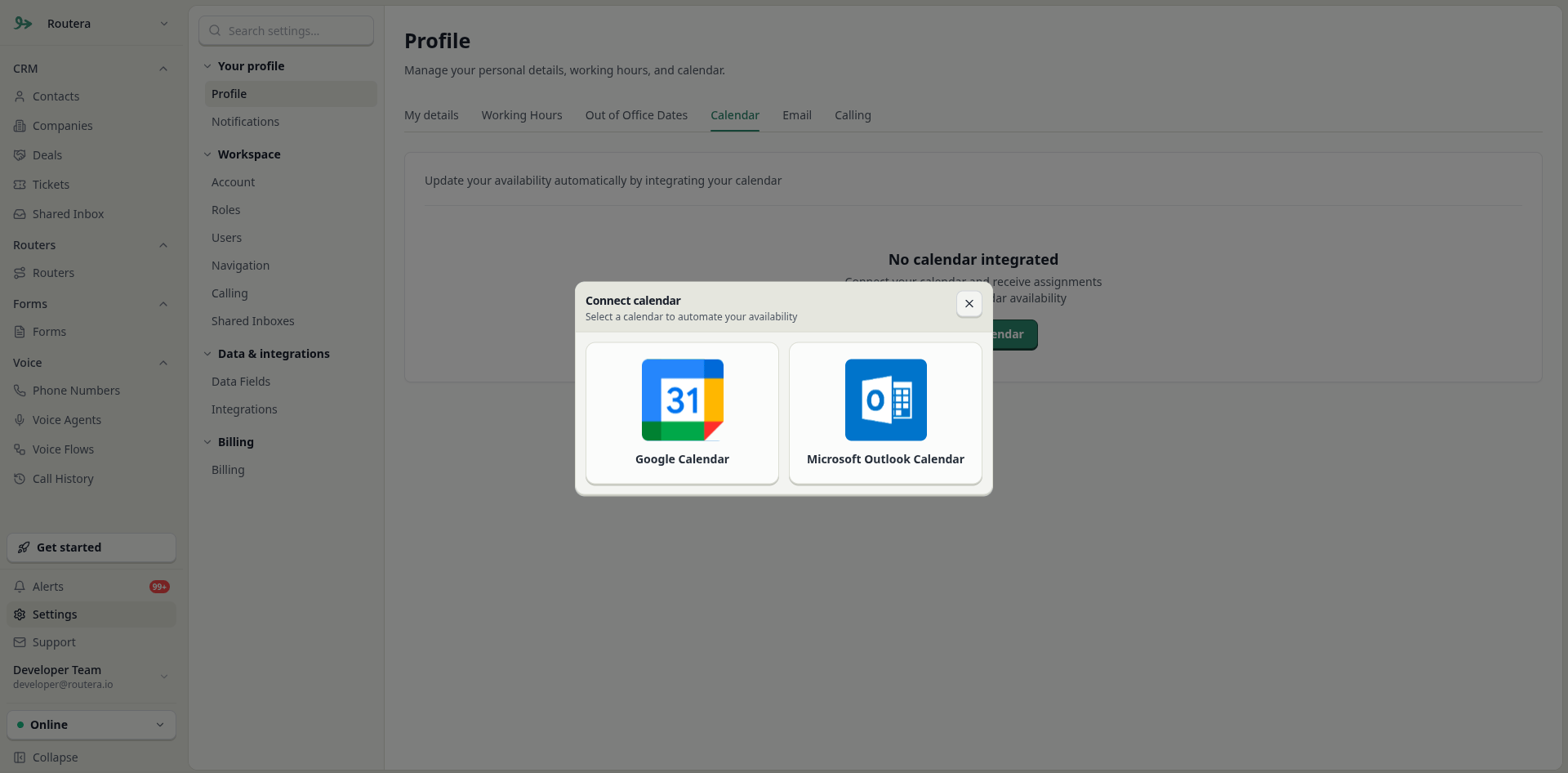 Connect calendar modal with Google and Outlook options