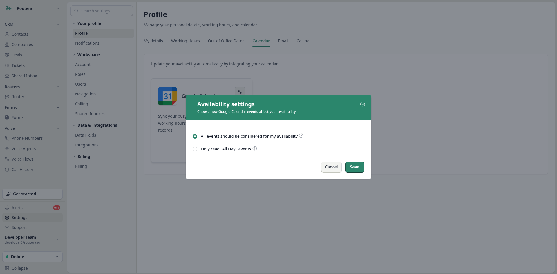 Google Calendar availability settings modal