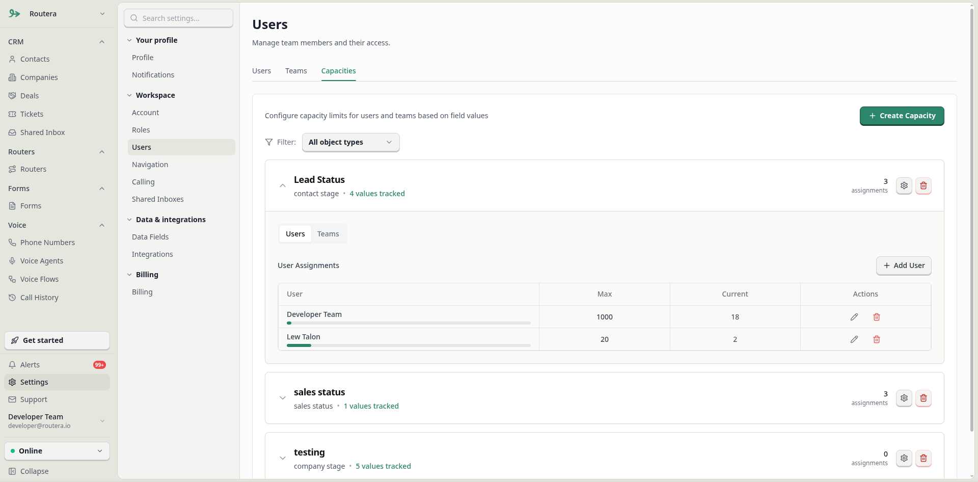 Capacity card with user and team assignments