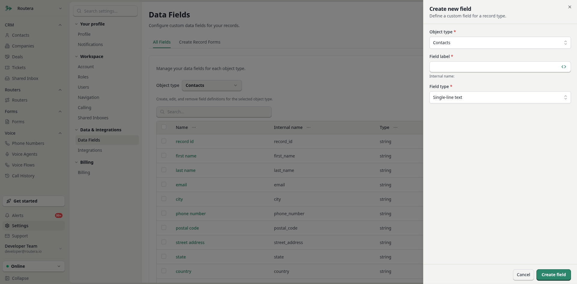 Create Field drawer with object type, label, and field type