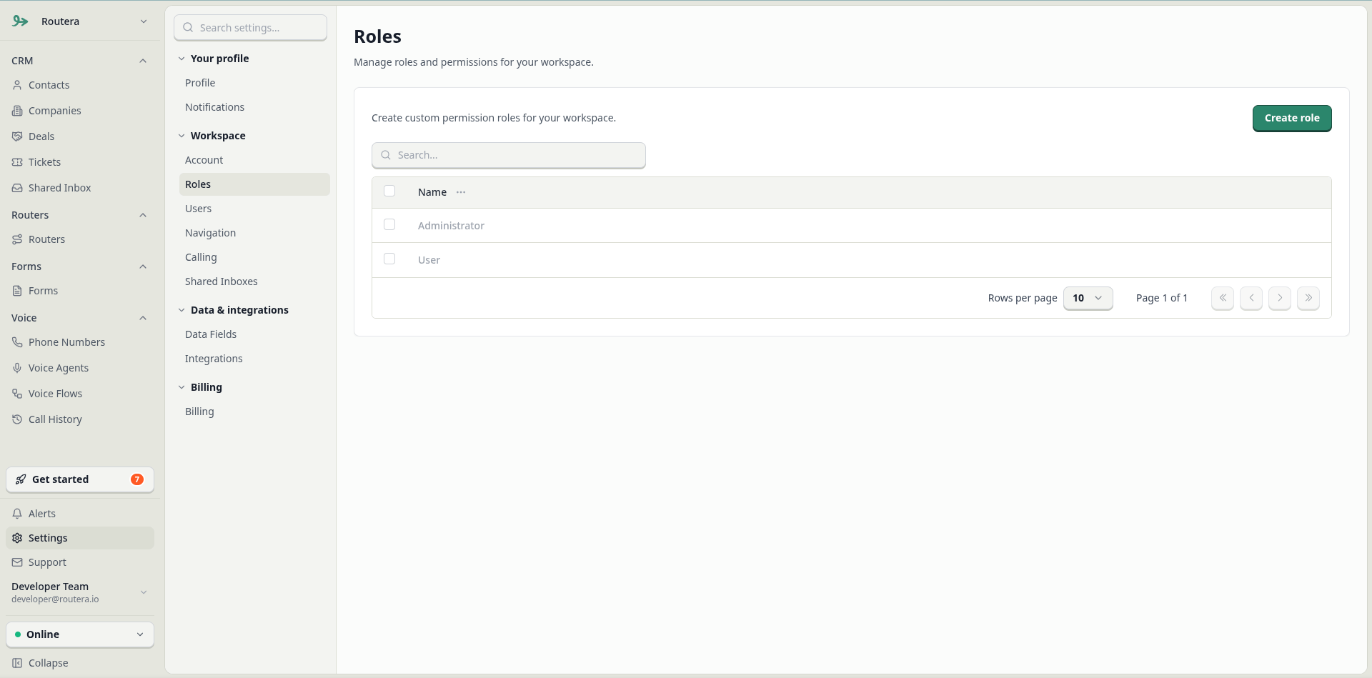 Role permissions on Records, Router, and Settings tabs