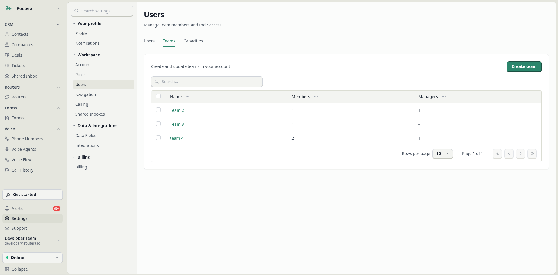 Create team drawer with name, managers, and members