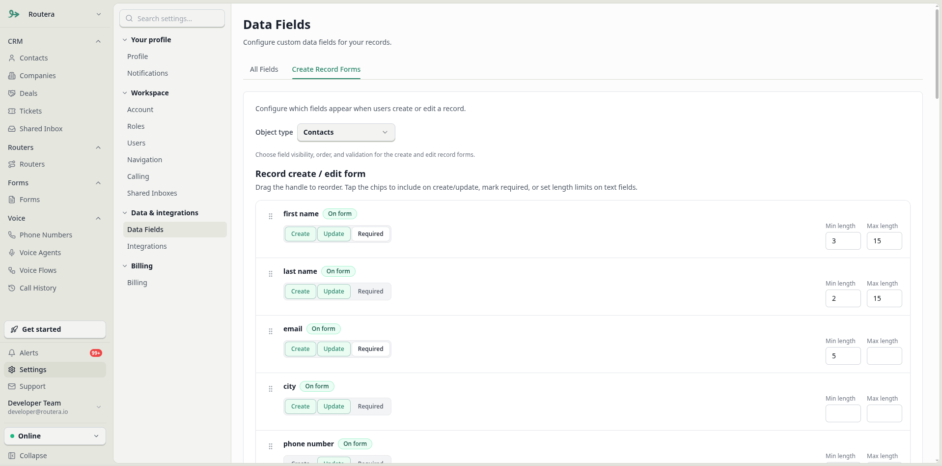 Forms tab with field order, Create, Update, and Required toggles