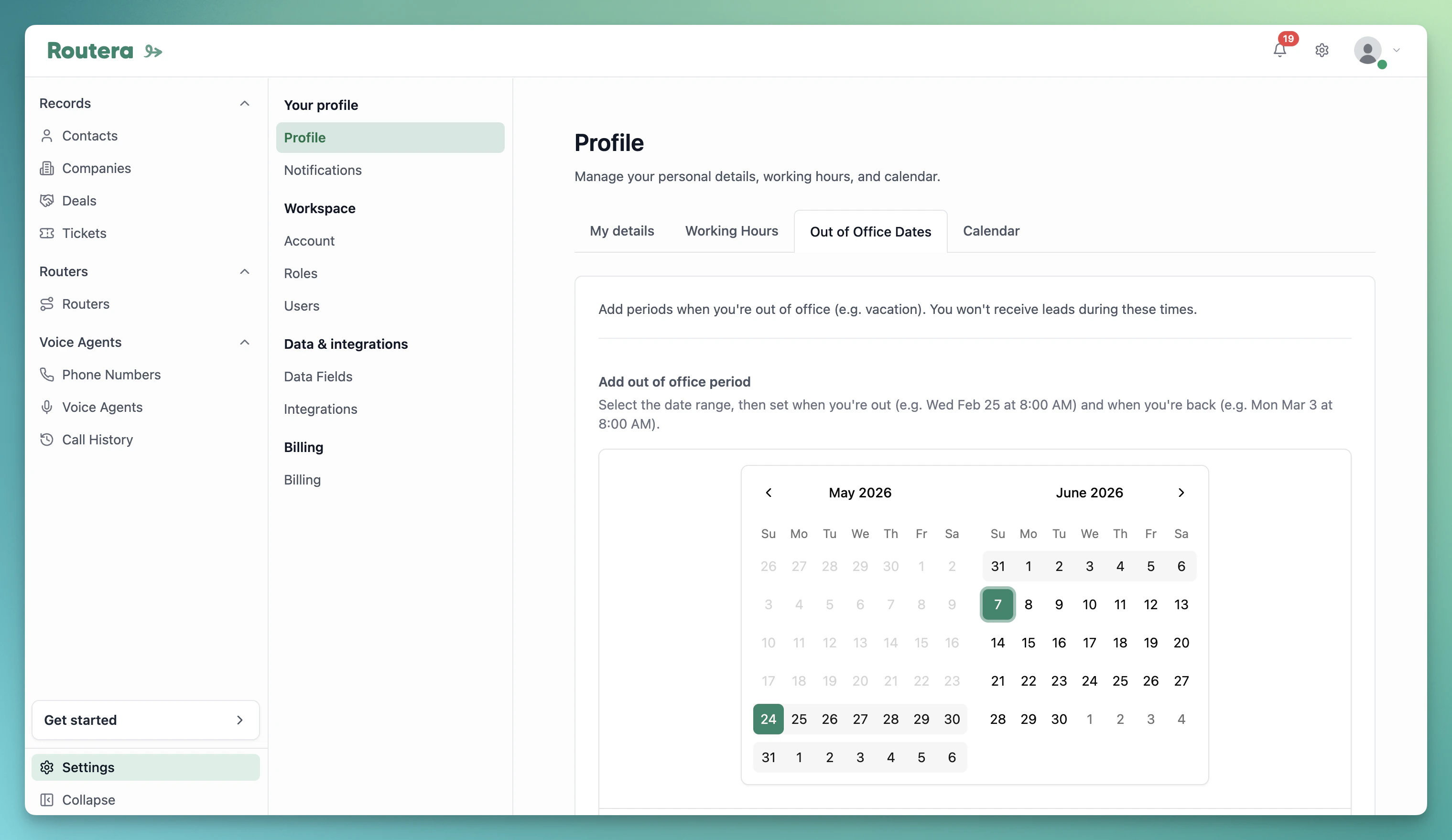 Out of office date range and periods list