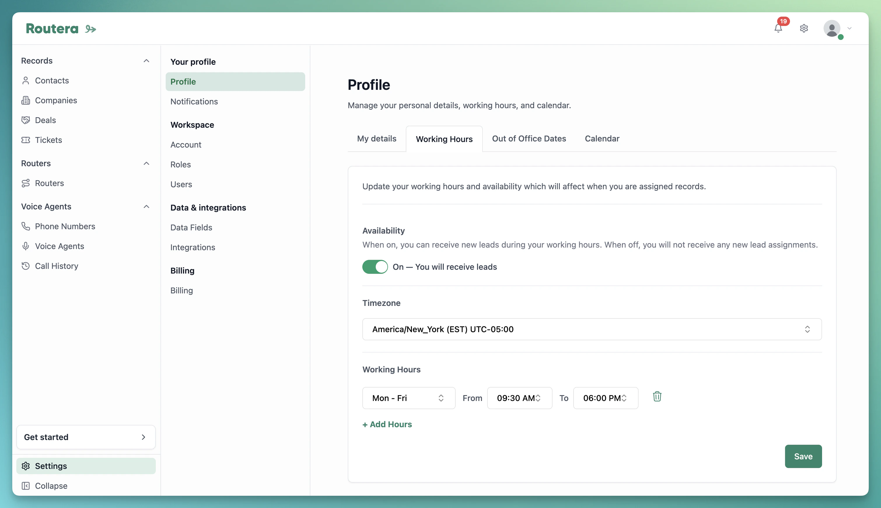 Profile working hours with availability, timezone, and schedule