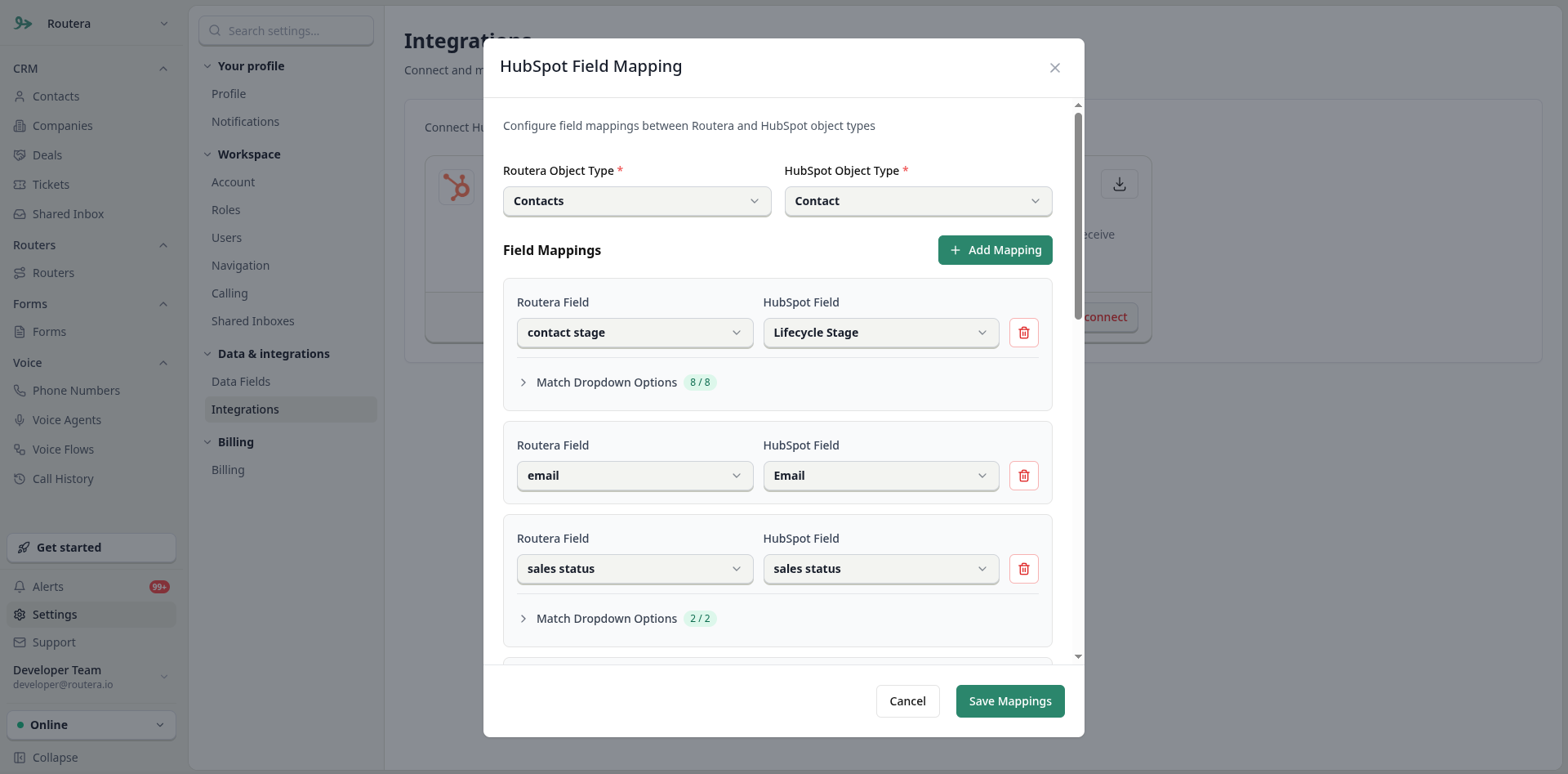 HubSpot Field Mapping modal with object types and mappings