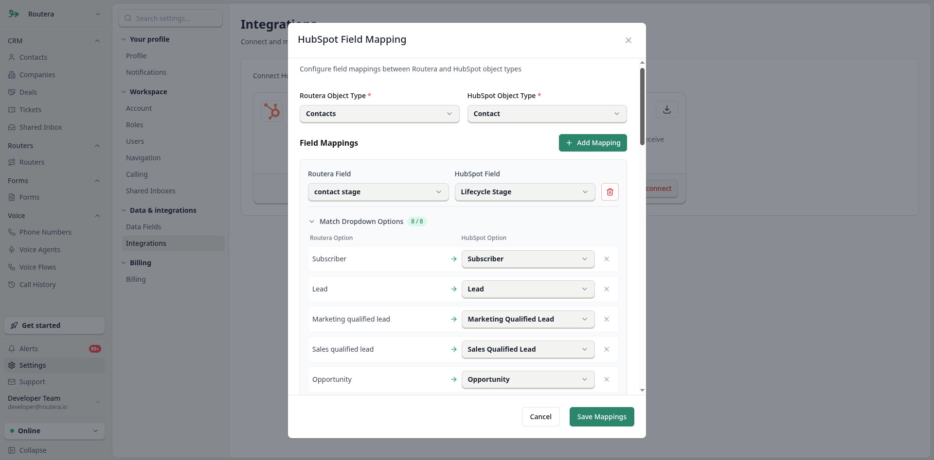 Match Dropdown Options section with Routera and HubSpot options