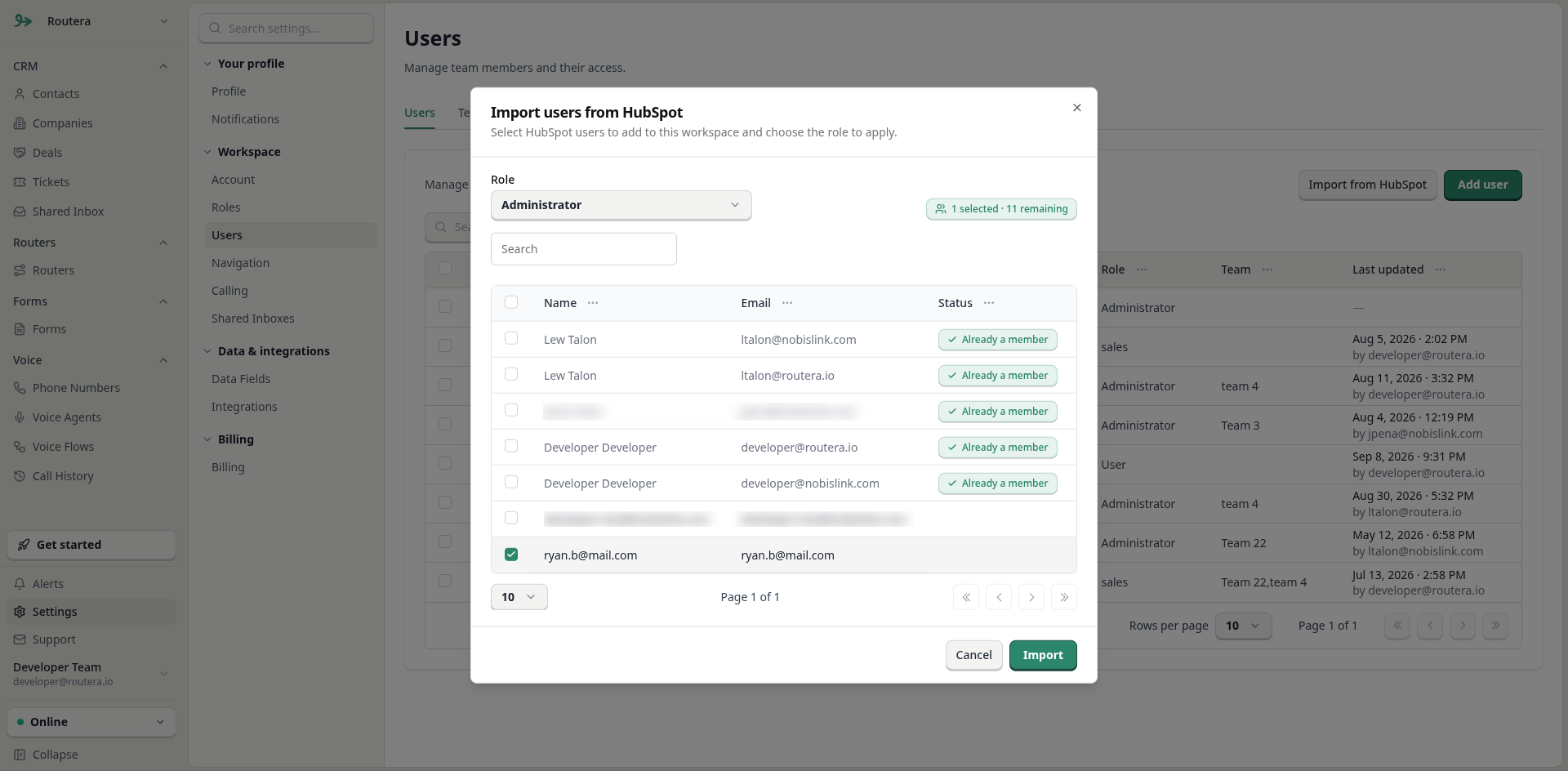 Import users from HubSpot modal with owners and role