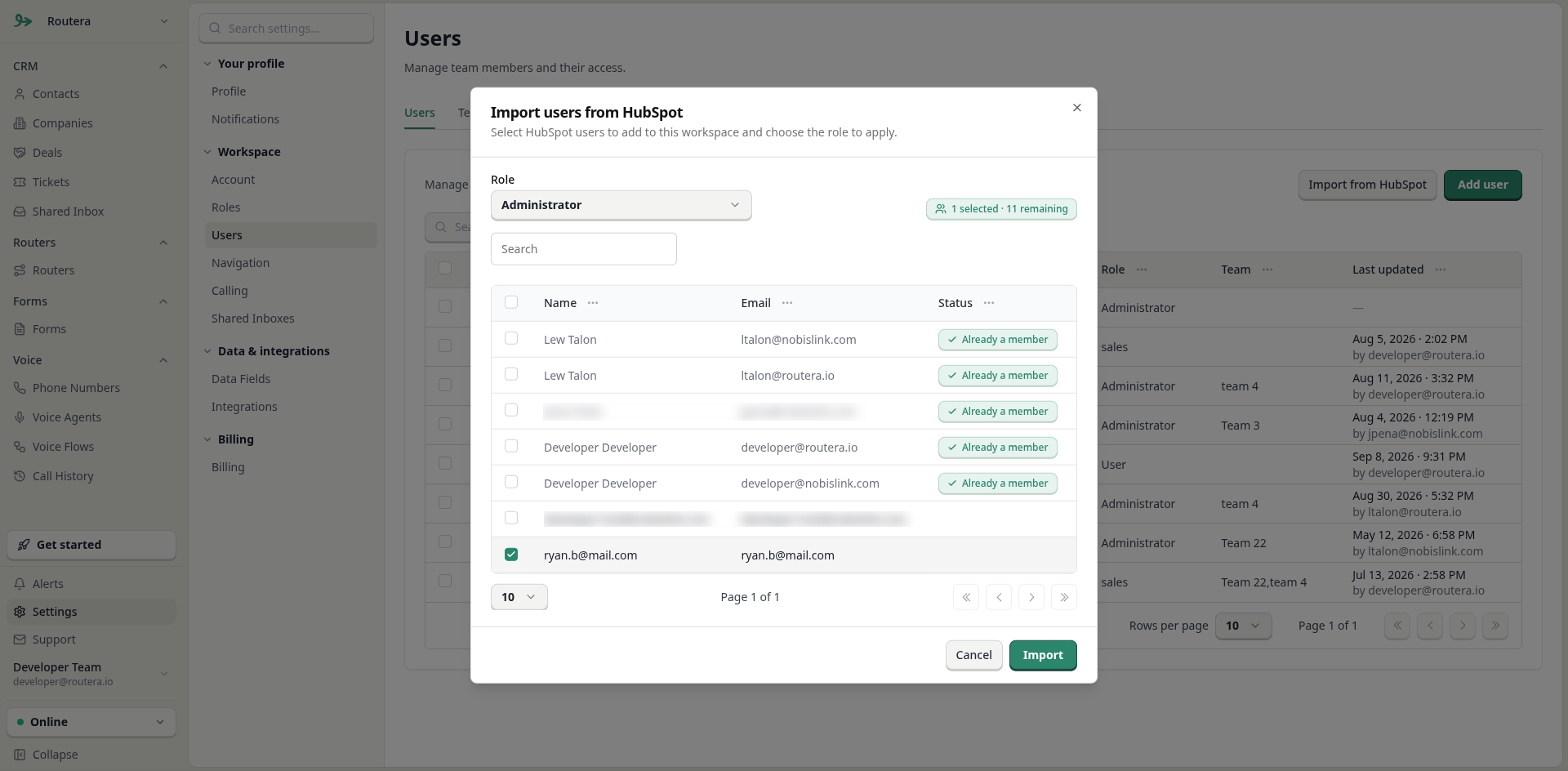 Import users from HubSpot modal with owners and role