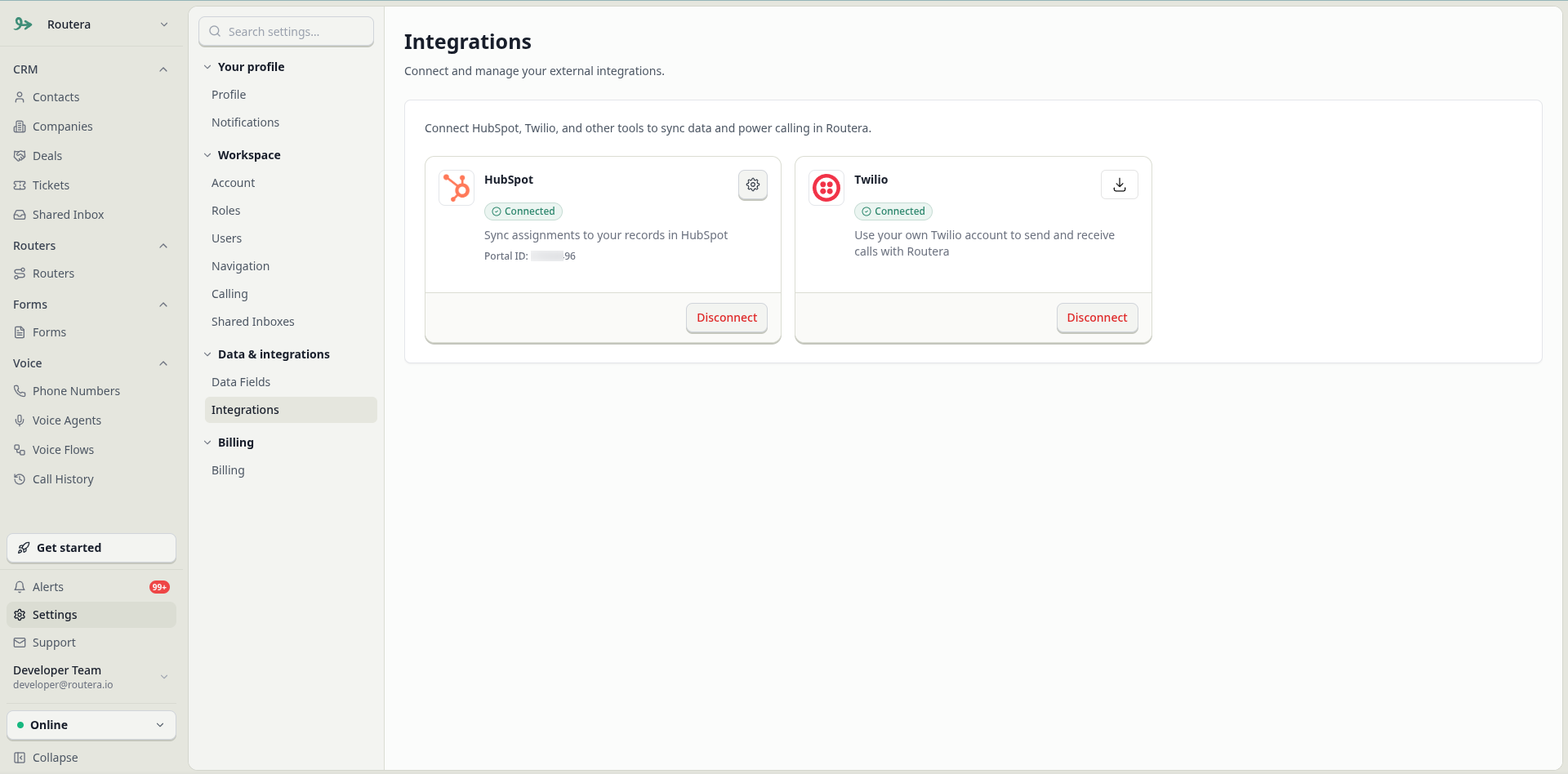 Settings Integrations tab with HubSpot Connect