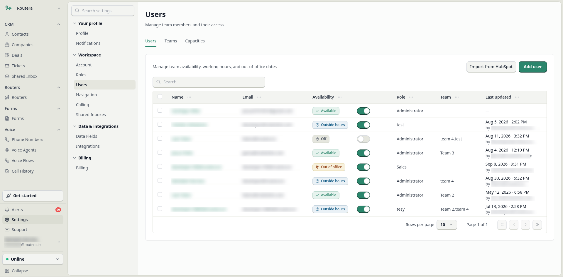 Settings Users page with Add user