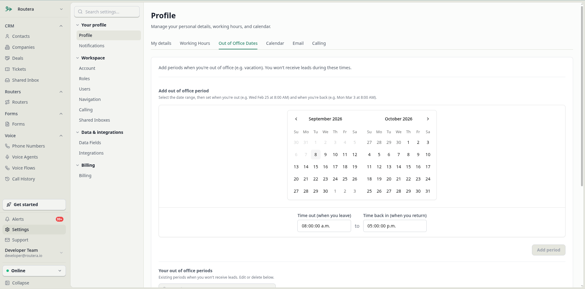 Out of office date range and periods list