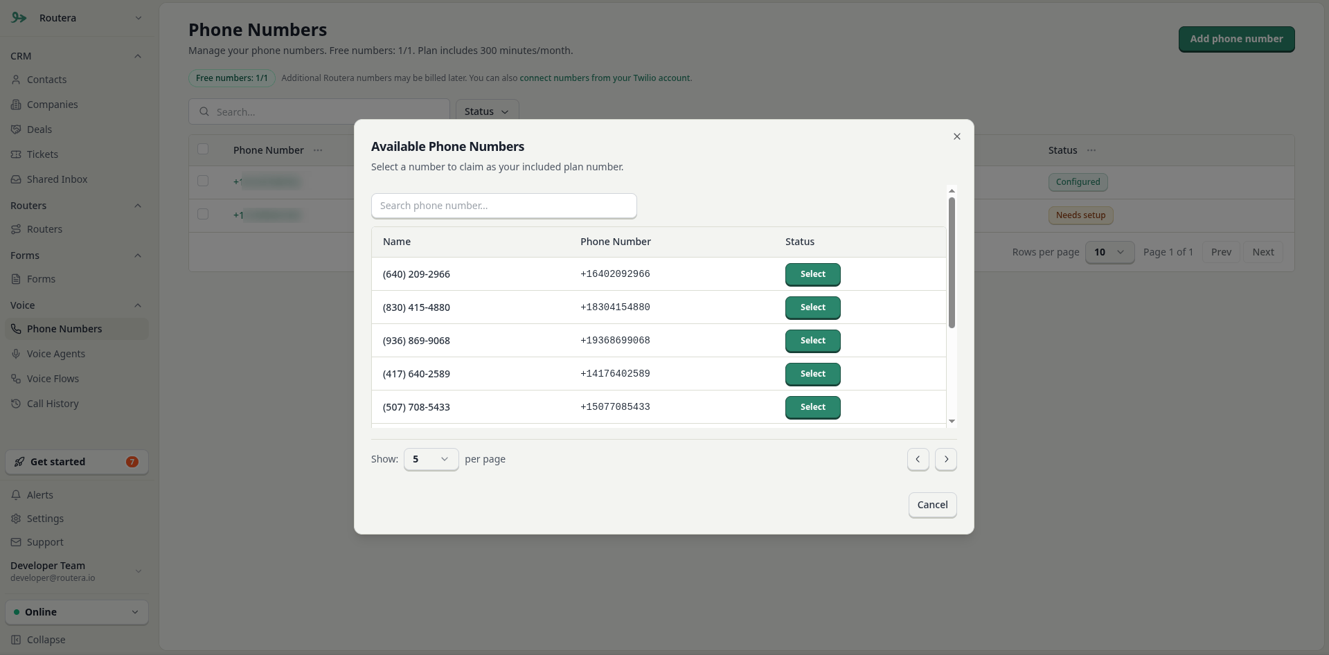 Available phone numbers list with Select