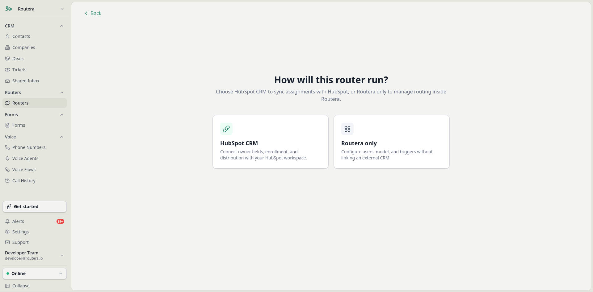 Routera only vs HubSpot CRM mode selection
