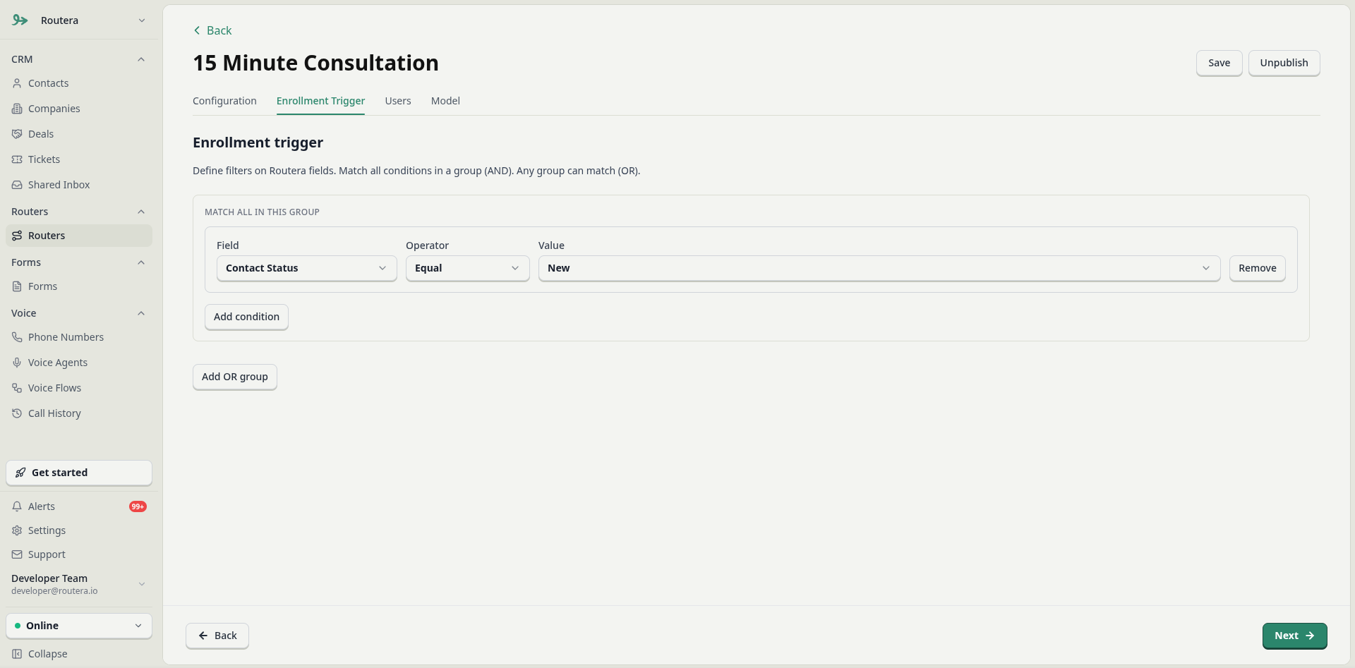 Enrollment Trigger with field, operator, and value conditions