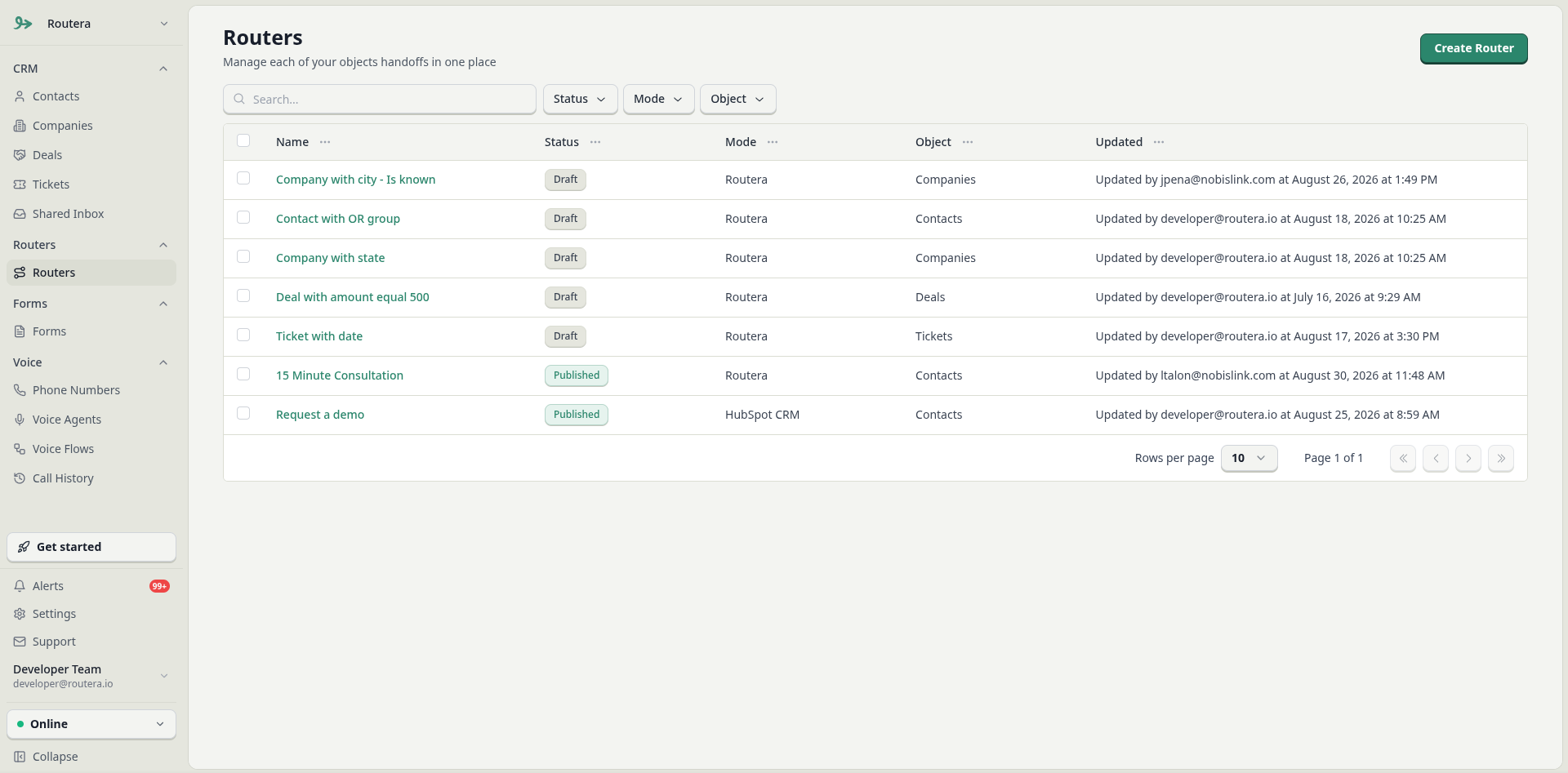 Routers list with Create Router