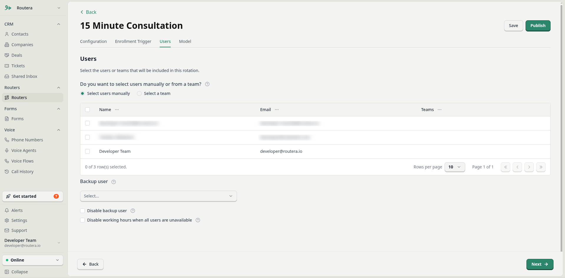 Router Users tab with manual vs team selection and backup user