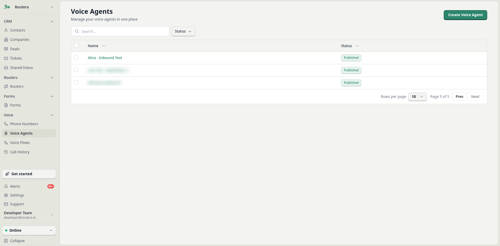Voice Agents list with Create Voice Agent
